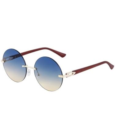 Imagem de JRLLFD Óculos de sol redondos sem aro, da moda, para mulheres, luxuosos, armação grande, para áreas externas, verão, para dirigir, UV400 (marrom, azul, amarelo)