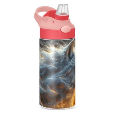 Imagem de Blueangle Garrafa de água de lobo leve de aço inoxidável isolada de 350 ml com tampa de canudo - Garrafa esportiva reutilizável e portátil à prova de vazamento para viagens, ao ar livre (400)