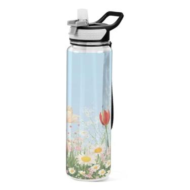 Imagem de ATTX Linda garrafa de água de tulipa em aquarela, 947 ml, à prova de vazamento e livre de BPA, garrafas de água reutilizáveis de plástico Tritan para viagens, academia, corrida (255)