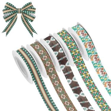 Imagem de SEHANY 5 rolos de fita de Natal 0,59 polegadas 5 jardas fitas de tecido boêmio fitas de cetim festivas fitas decorativas de Natal para embrulho de presente faça você mesmo artesanato grinalda