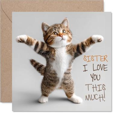 Imagem de Stuff4 Cartão de aniversário da irmã - Love You This Much! - Cartão de feliz aniversário para irmã do irmão irmão, cartões de felicitações de aniversário para amantes de gatos de 14 cm