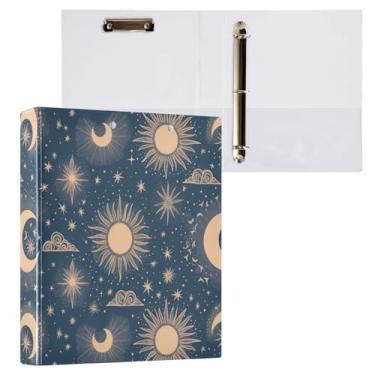 Imagem de Blueangle Fichário elegante com 3 anéis para sol e lua com prancheta e 2 bolsos - Organizador de documentos decorativos de 3 cm para escritório, suprimentos para reuniões (342)