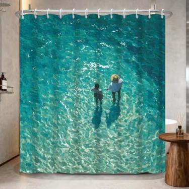 Imagem de NAEMBCU Cortina de chuveiro em aquarela oceano com ganchos, estampa abstrata de ondas do mar, tecido impermeável, cortina de banheira para decoração de banheiro de praia e litoral, design de arte