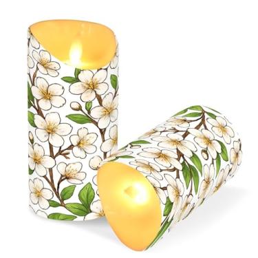 Imagem de Blueangle Pacote com 2 velas brancas de flores de cerejeira sem chama com controle remoto e temporizador, velas de pilar cintilantes de LED (7,6 cm x 15 cm) para decoração de casa, casamento