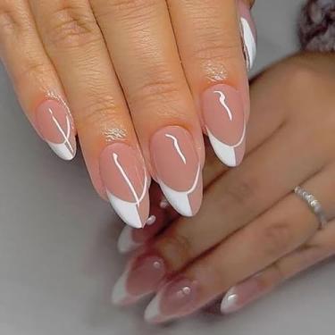 Imagem de Kit de unhas de amêndoa curtas médias nude pontas francesas brancas falsas com design simples cola em gel nas unhas para mulheres cobertura completa acrílico falso bastão em unhas manicure para