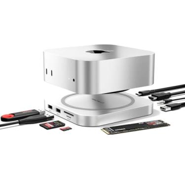 Imagem de Macally Base e suporte para Mac mini M4, hub Mac mini M4 com gabinete SSD NVMe/SATA, 4K HDMI 60hz, 3 USB A de 10 Gbps, porta de dados USB C, leitor de cartão SD, conector de áudio de 3,5 mm