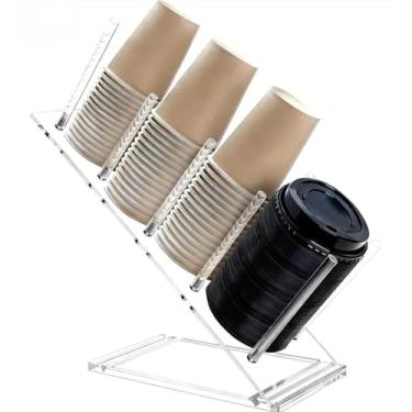 Imagem de Cutora Suporte de copo e tampa de acrílico, organizador de xícara de café ajustável, suporte descartável para bancada para cafeteria, padaria, sala de descanso, 4 compartimentos