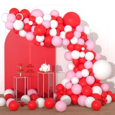 Imagem de Kit de arco de balão vermelho, rosa, branco, 117 peças, guirlanda de balões vermelhos e brancos para chá de bebê, decoração de festa de aniversário de casamento, aniversário (vermelho, rosa e branco)
