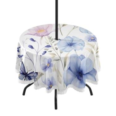 Imagem de CEBUGI Toalha de mesa redonda para uso ao ar livre, flor, borboleta, impermeável, com furo Umberlla, capa de mesa lavável para pátio, cozinha, sala de jantar, 152 cm