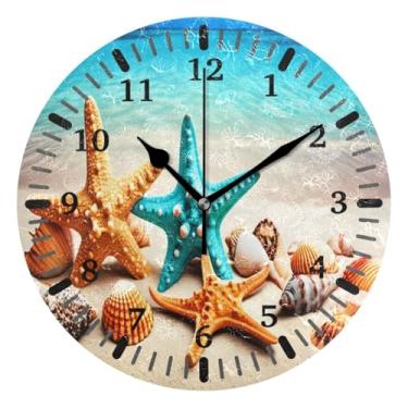 Imagem de CEBUGI Starfish Seashells Relógio de parede operado por bateria relógios redondos silenciosos sem tique-taque relógios de parede para cozinha, banheiro, quarto, escritório, decoração 25,4 cm