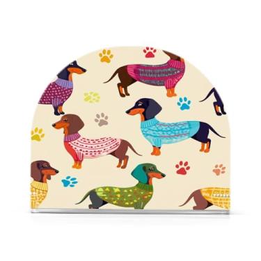 Imagem de Qilmy Salsicha cão vestindo roupas coloridas porta-guardanapo, porta-guardanapos de acrílico transparente para mesa, suporte de guardanapo de coquetel de papel de seda para cozinha, dispensador de
