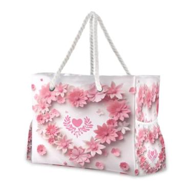 Imagem de Wassud Bolsa de praia rosa coração floral grande bolsa de praia para mulheres, impermeável, à prova de areia, bolsa de viagem com zíper e bolso, piscina, academia, acampamento