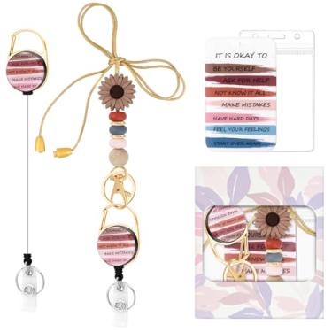 Imagem de Suporte de crachá de identificação colorido com conjunto de cordão de contas de silicone, cordão de professor fofo para chaves e chaveiro com suporte retrátil de carretel de crachá, presente para