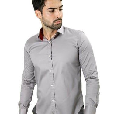 Imagem de Camisa Masculina Ixória Slim Fit Manga Longa Detalhe Gola Marca Luxo-Masculino