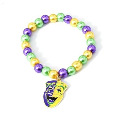 Imagem de BOOZIQ Pulseiras femininas de carnaval com contas de flor de lis pulseira com pingente de coroa roxo amarelo verde contas pulseira elástica carnaval desfile roupas acessórios de joias carnaval, Large