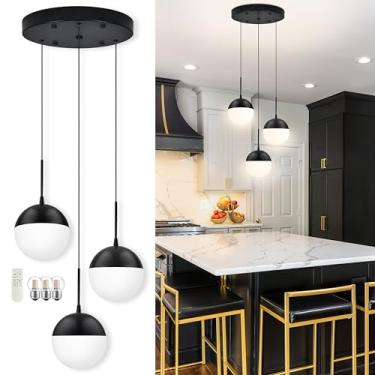 Imagem de Mccokaige Lustres modernos pretos com 3 luzes reguláveis para sala de jantar, lustre de vidro branco leitoso, fosco, globo de vidro branco leitoso, luzes pendentes de aglomerado ajustável em altura do