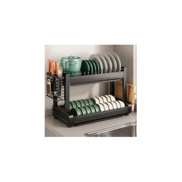 Imagem de Escorredor de Louças 2 Andares Multifuncional, Preto Fosco, Metal e Plástico, 43x27x33,5cm, para Bancada