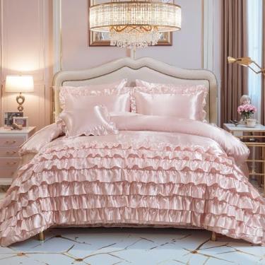 Imagem de MOVE OVER Conjunto de edredom queen de cetim rosa claro, 8 peças, cama de cetim em uma bolsa, casa de fazenda, chique, cascata, babados, luxuoso, para decoração de quarto