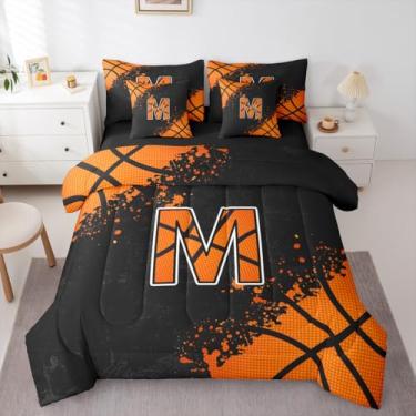 Imagem de Erosebridal Jogo de cama solteiro de basquete – monograma personalizado M cama em uma bolsa, conjunto de edredom temático esportivo com lençóis, decoração esportiva moderna, conjunto de cama de 7