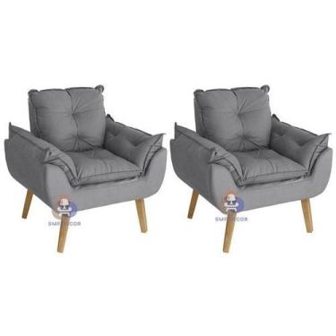 Imagem de Kit 02 Poltrona/Cadeira Decorativa Opala Glamour Cinza Com Pés Quadrad