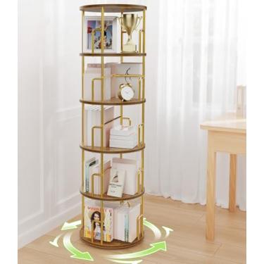 Imagem de Amzeth Estante rotativa redonda, estante giratória, torre aberta, estantes giratórias e estante de livros, prateleira de livros que economiza espaço para quarto, sala de estar, sala de aula (ouro, 5