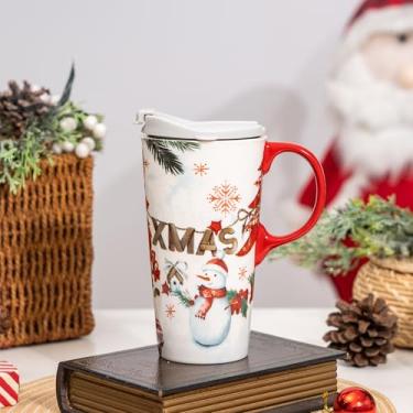 Imagem de Xícara de chá café com leite de porcelana cerâmica com tampa em caixa de 500 ml, caneca de caminhão de Natal