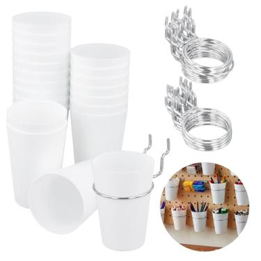 Imagem de JAPCHET 20 conjuntos de copos estilo anel de pegboard com ganchos, caixas brancas para quadro de estacas com anéis, suporte de copo para organizar acessórios, ferramentas, ideal para garagem, oficina