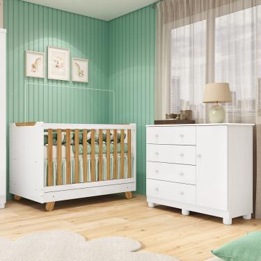 Imagem de Quarto de Bebê com Cômoda 1 Porta e Berço 4 em 1 Minicama em MDF - Branco Brilho/Amendoa/Branco Brilho