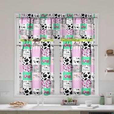 Imagem de mvhsuoem Conjunto de 3 peças de cortinas e sanefas de cozinha de vaca para decoração de cozinha, janelas sobre a pia, cortinas de arte de fazenda 69,8 x 91,4 cm