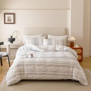 Imagem de CLOTHKNOW Conjunto de edredom boêmio branco e preto, tamanho casal, 3 peças, jacquard, recortado, casa de fazenda, edredom macio e fofo