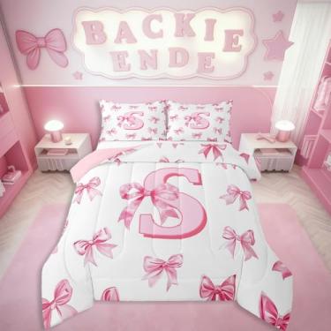 Imagem de Erosebridal Jogo de cama com laço sonhador, rosa, monograma, P, letra P, laço, tamanho Queen, para crianças, meninas, adolescentes, mulheres, kawaii, princesa, edredom