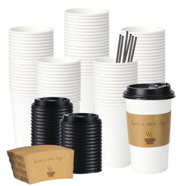 Imagem de BYSNOW Pacote com 50 xícaras de café descartáveis de 473 ml com tampas, copos de café quente de papel com manga e canudo, copos para levar para casa, escritório e festa (branco 473 g)