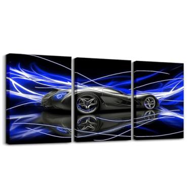 Imagem de jejeloiu Arte de parede em tela de carro de corrida para sala de estar quarto pintura azul decoração carro esportivo velocidade crianças meninos meninas imagem arte esportes radicais pôsteres