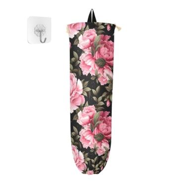 Imagem de Flor de peônia em suporte de sacola de compras preta, suporte de sacola de supermercado para sacolas plásticas, armazenamento de sacolas plásticas de cozinha, 1 pacote