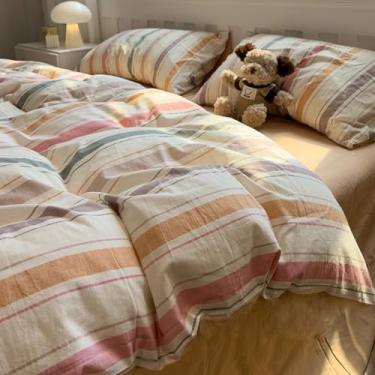 Imagem de mixinni Conjunto de capa de edredom listrado vintage, tamanho solteiro, conjunto de cama de 3 peças 100% algodão lavado - capa de edredom colorida macia e respirável com zíper, conjunto de cama leve