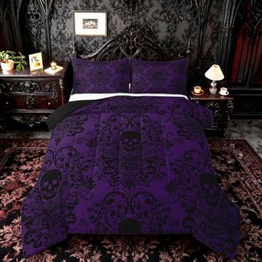 Imagem de Feelyou Jogo de cama solteiro de caveira gótica para adultos, estampa de damasco, capa de edredom gótica boêmia respirável, macia, leve, microfibra, preto, roxo, decoração de quarto com 1 fronha