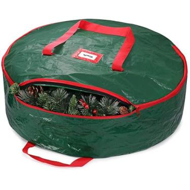 Imagem de CYTJHMD Bolsa para armazenamento de guirlandas, saco de tecido PE para armazenamento de guirlanda de Natal, zíperes e alças duplas, caixas de guirlanda de Natal para Natal, verde, 60 * 20 cm
