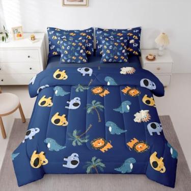 Imagem de Feelyou Jogo de cama solteiro fofo de animais da floresta com lençol para crianças, meninos, meninas, azul marinho, animal selvagem, 7 peças, leão, elefante, dinossauro, cama em um saco, decoração de
