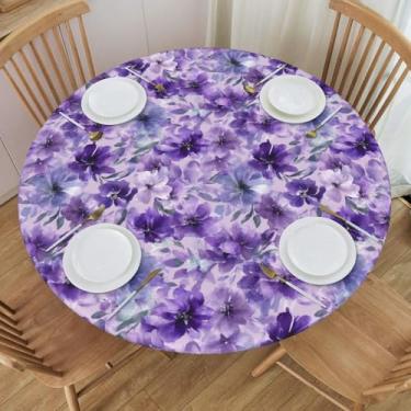 Imagem de KiuLoam Toalha de mesa redonda floral em aquarela roxa azul-petróleo com borda elástica toalha de mesa lavável para decoração de cozinha patrulha ao ar livre, serve para 101,6 a 112 cm, pequena