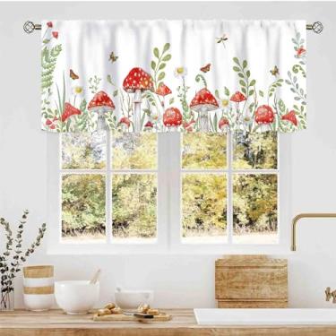 Imagem de Cortinas de saia de cogumelo para cozinha, rústica verde sálvia botânica vintage cogumelo flores silvestres plantas florestais ervas cottagecore pequena saia de janela para café, sala de estar, quarto