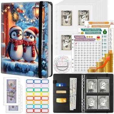 Imagem de Fichário de desafio de economia de dinheiro com 100 envelopes, couro de poliuretano, fichário de orçamento para economia de dinheiro A5 com envelopes de dinheiro e 3 rastreadores de orçamento