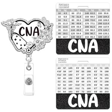 Imagem de Obookey Carretel de crachá bonito CNA com clipe retrátil, carretel de crachá CNA de flor de coração com gráficos de conversão de altura e peso, suporte de crachás de identificação de enfermeira com