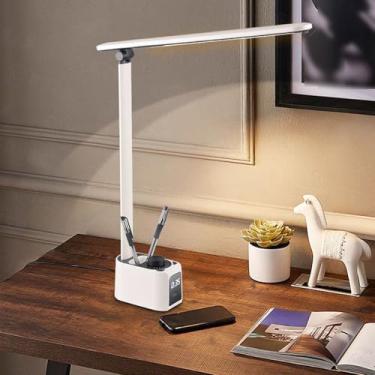 Imagem de Lâmpada de mesa rotativa com suporte de caneta, 5 temperaturas de cor, lâmpada de leitura dobrável com regulação de intensidade de luz, porta de carregamento USB, visor digital para casa, escritório