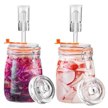 Imagem de Jillmo Frasco de fermentação de 1,1 litro, frasco de fermentação de vidro com peso para fazer chucrute, molho picante, hidromel, cidra e mais, pacote com 2