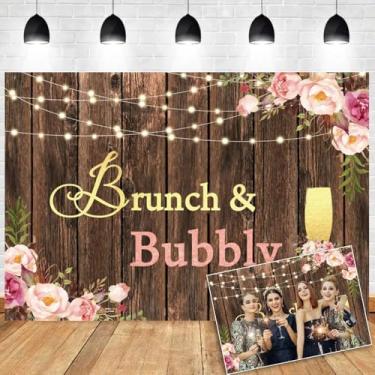 Imagem de OERJU Pano de fundo para brunch e borbulhante de madeira rústica flor rosa champanhe, chá de panela, aniversário, casamento, chá de noiva, decorações de despedida de solteira, banner, adereços para