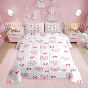 Imagem de Erosebridal Jogo de cama solteiro com estampa de coração, kawaii, rosa, laço e laço para meninas, meninos, enchimento de edredom em forma de coração, estilo princesa sonhadora, edredom com 1 fronha
