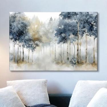 Imagem de SAFERRYHOME Arte de parede de árvore abstrata azul, natureza moderna, decoração de parede de floresta enevoada, pintura em tela emoldurada, imagem de arte de paisagem em aquarela para sala de estar