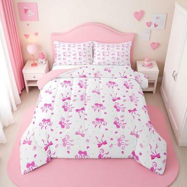 Imagem de Erosebridal Conjunto de edredom Queen com laço rosa para meninas | Jogo de cama fofo com laço rosa coquete para crianças, mulheres, gravata borboleta, amor, decoração de quarto dos namorados, 2