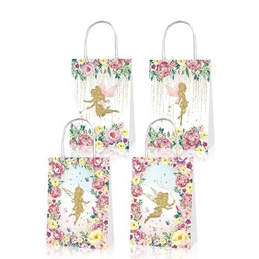 Imagem de 12 sacos de presente com tema floral de fadas encantadoras com 4 designs reversíveis, lembrancinhas de festa elegantes e embalagem de presente, sacos de papel kraft duráveis com alças para todas as