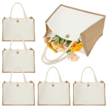 Imagem de UKQRRTC Pacote com 6 sacolas, bolsa de praia de juta reutilizável com alça, forro impermeável, fácil de limpar para damas de honra, faça você mesmo, compras, bolsa de presente de casamento, Natal, 35
